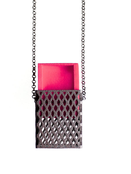 3D Printed Matchbox Pendant in Pink and Matte Dark Steel