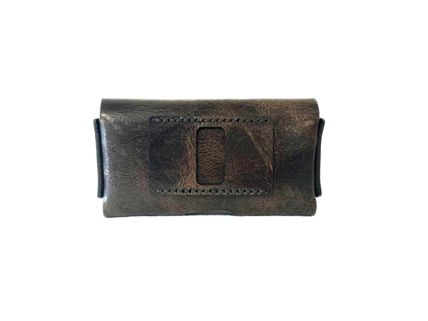 Brown leather smartphone case with stitching detail on a white background