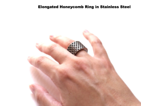 3D Printed Elongated Honeycomb Ring in Matte Dark Steel