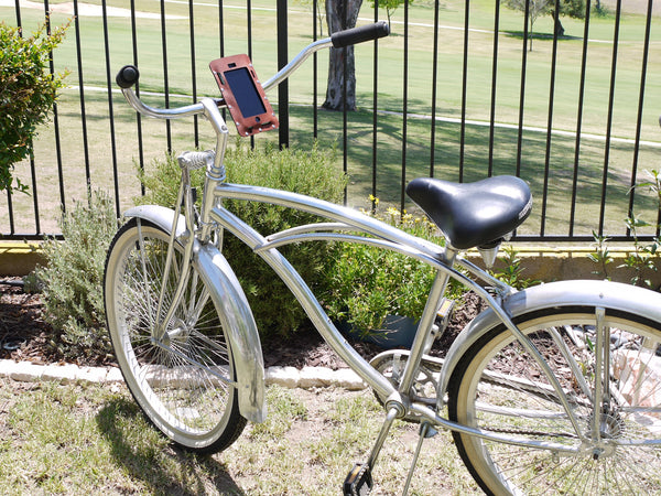 bicycle iPhone holder in leather, beach cruiser accessory