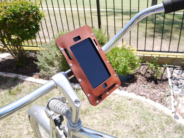 iPhone bike mount, bicycle iPhone holder in leather, bike accessory