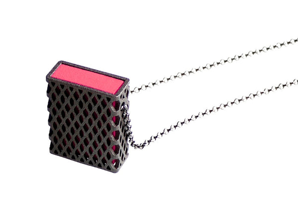 3D Printed Matchbox Pendant in Pink and Matte Dark Steel