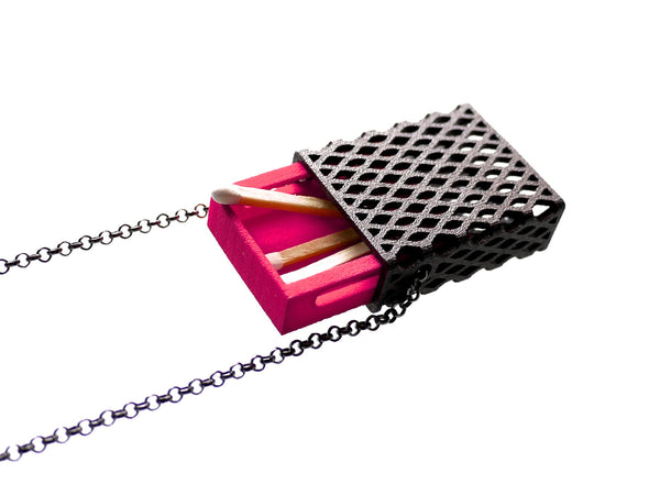3d printed matchbox pendant in dark steel and pink