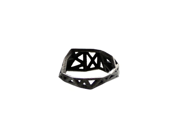 Slim Triangulated Ring in Dark Steel. 3d printed