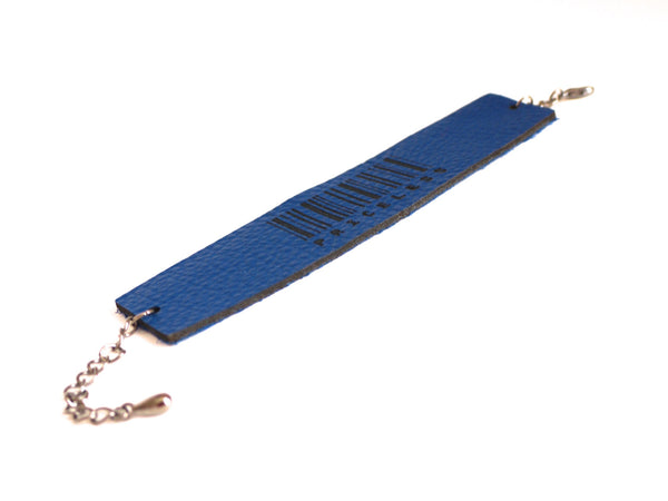 Slim Engraved Barcode bracelet in Cobalt Blue Leather, PRICELESS